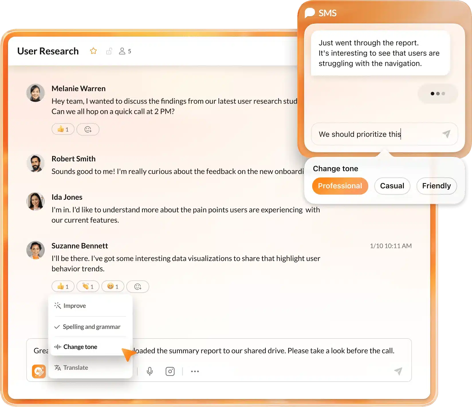 A RingEX team chat, showing how employees can use AI to adjust tone and check spelling