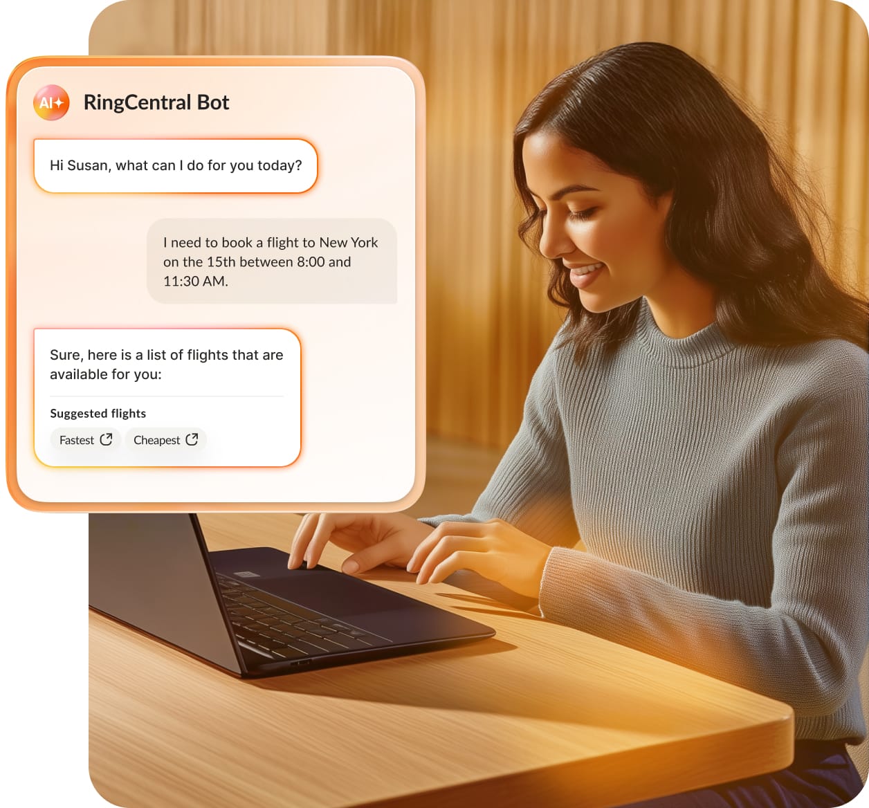 A dark-haired woman types on her laptop, and a thumbnail image of her chat with a RingCentral AI shows her completing a self-service request to book a flight to New York.