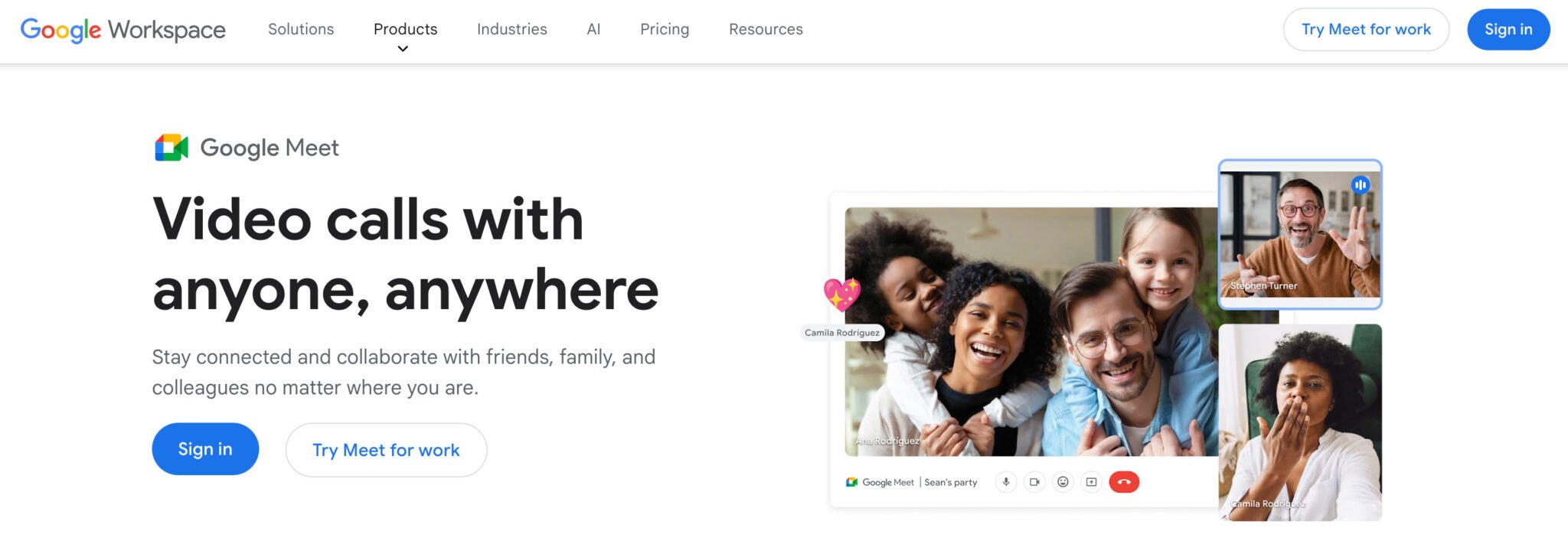 The Google Meet homepage, showing families chatting with each other on video