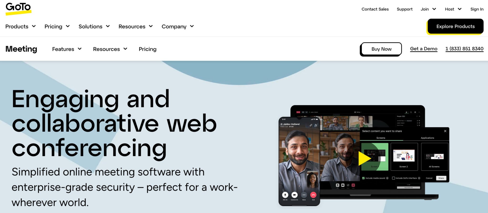 The GoToMeeting homepage shows the video conferencing tool on desktop and mobile
