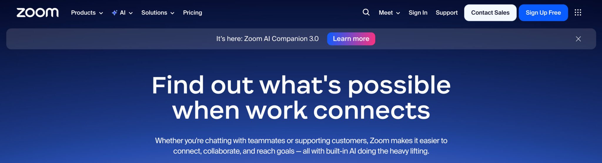 The Zoom homepage with a blue gradient background