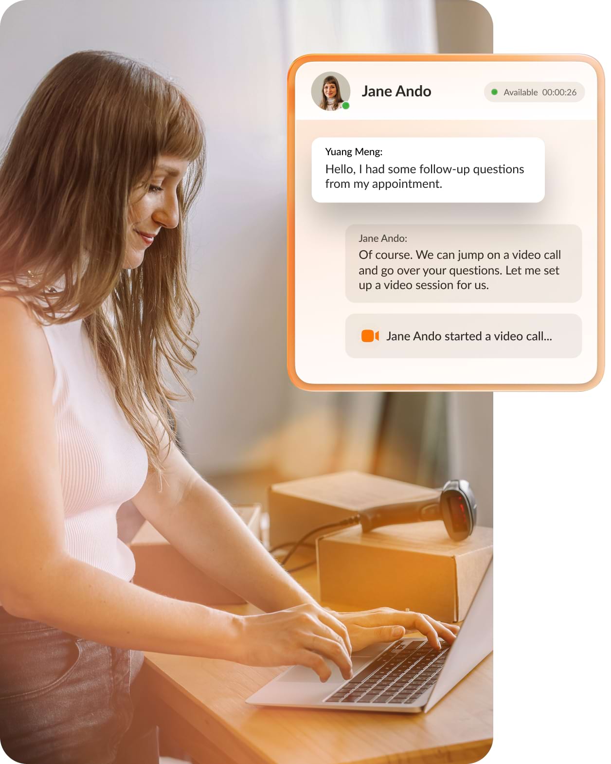 Woman typing on a laptop next to shipping boxes, with an overlay of a customer chat transitioning into a video call