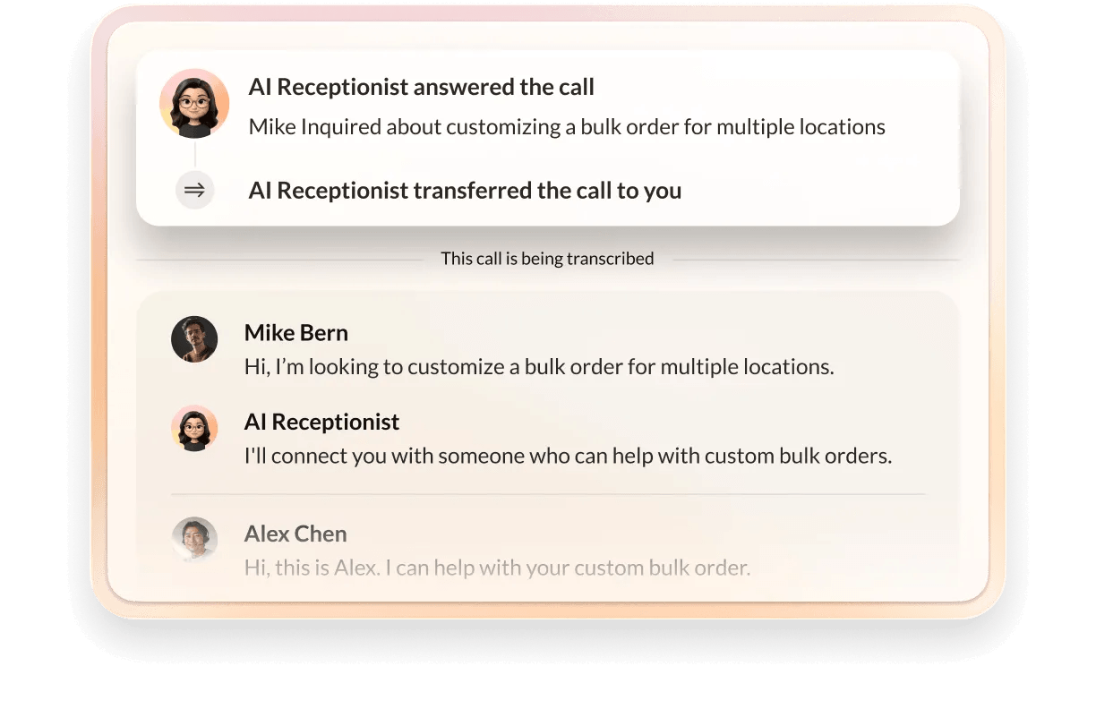 AI Receptionist can transfer calls with context so customers don’t need to repeat themselves