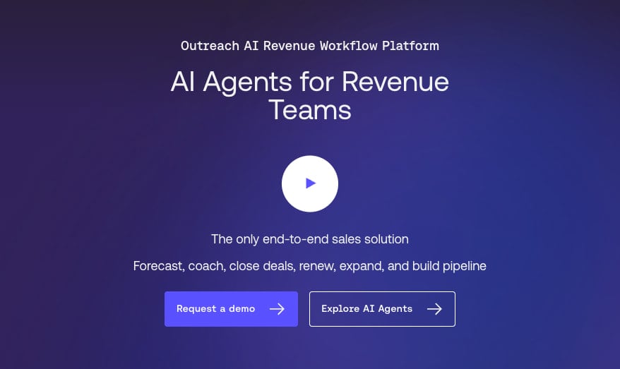The Outreach.io homepage with the headline 'AI Agents for Revenue Teams' and buttons to request a demo or explore AI agents