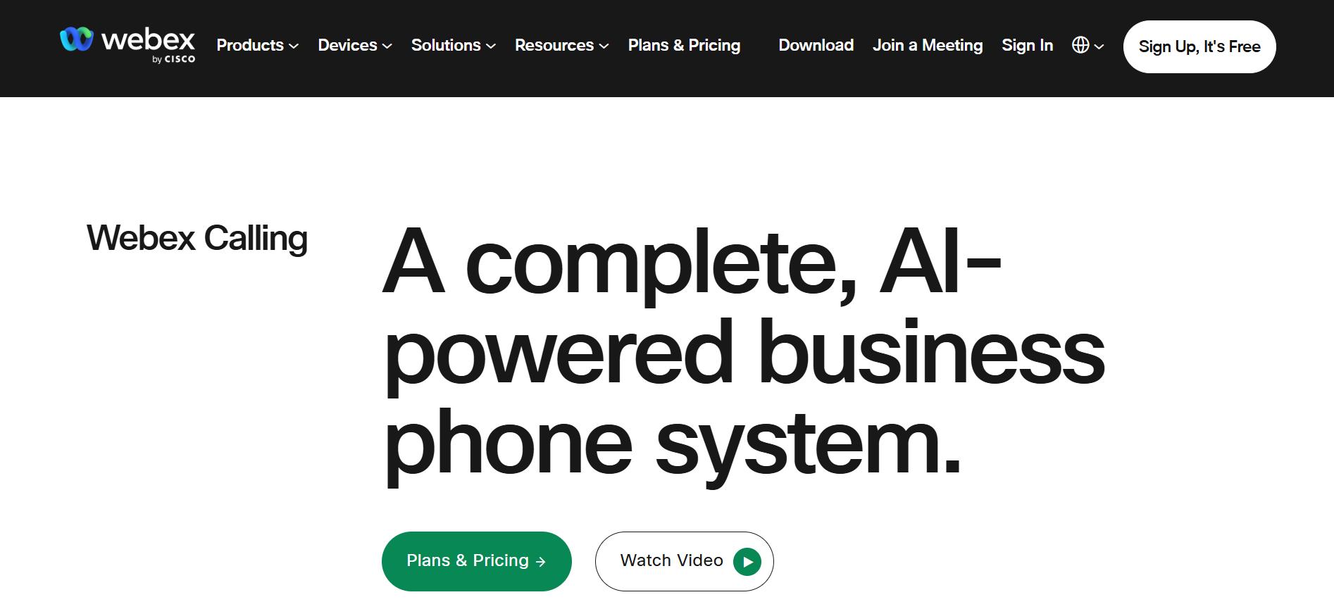 Webex Calling by Cisco homepage showing an AI-powered business phone system with plans, pricing, and video option.
