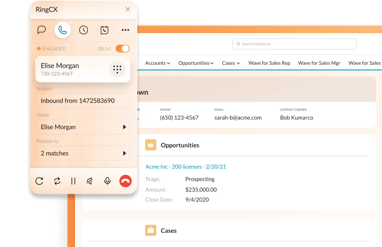 RingCX provides agents with a unified workspace for taking customer calls, reviewing customer context, and gathering insights on opportunities