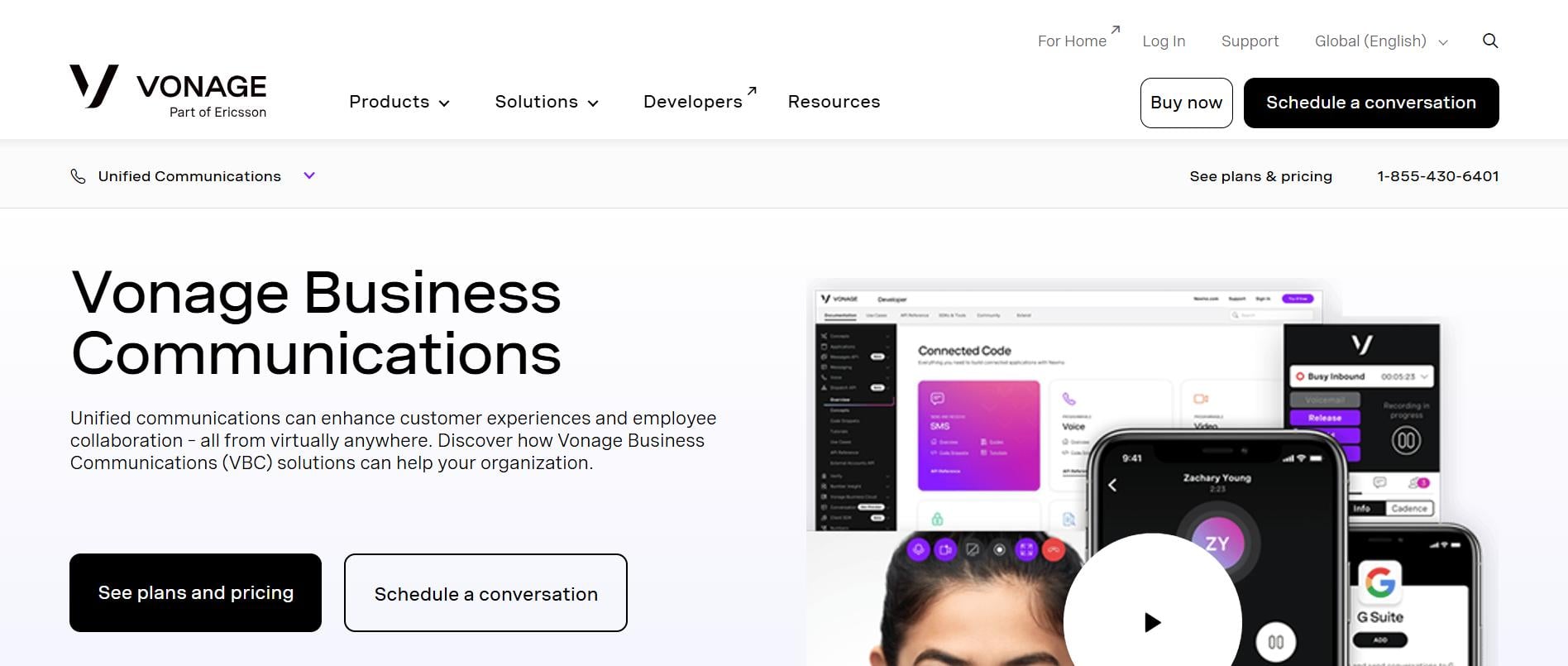 Vonage Business Communications page showing unified communications tools, dashboard, and mobile calling interface