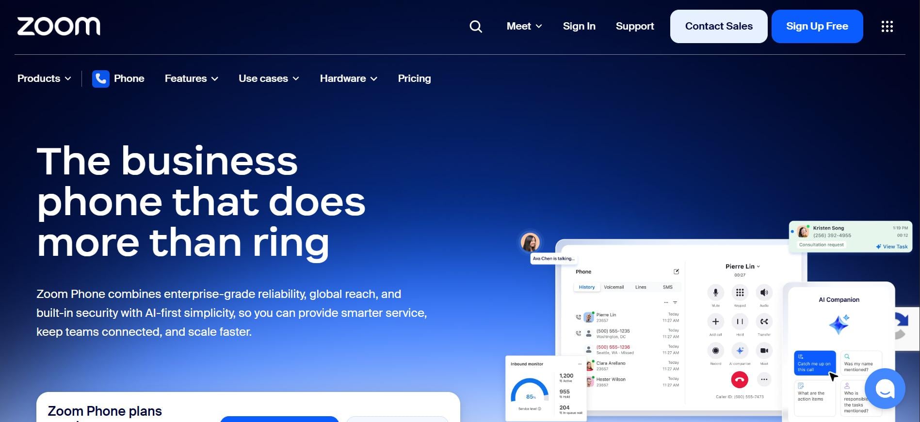 Zoom Phone webpage showing business phone features, UI dashboard, and AI companion call tools.