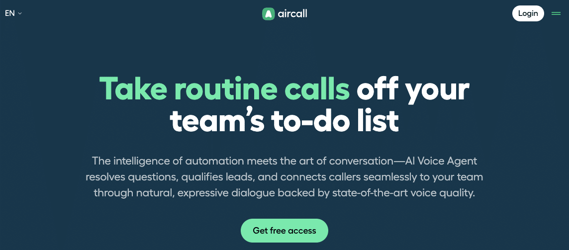 Aircall offers AI Voice Agent, an autonomous chatbot that handles customer service interactions