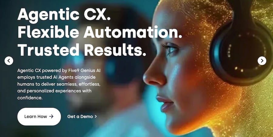 Five9 homepage showcasing how its agentic CX employs trusted AI Agents alongside humans to deliver personalized experiences