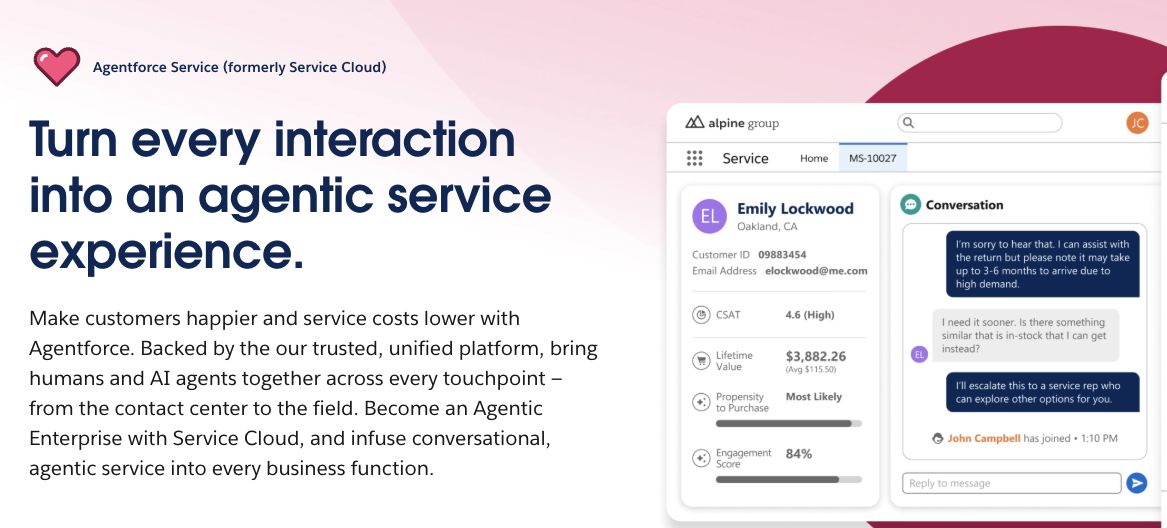 Salesforce Agentforce Service is an agentic customer service platform that fully integrates with Salesforce CRM
