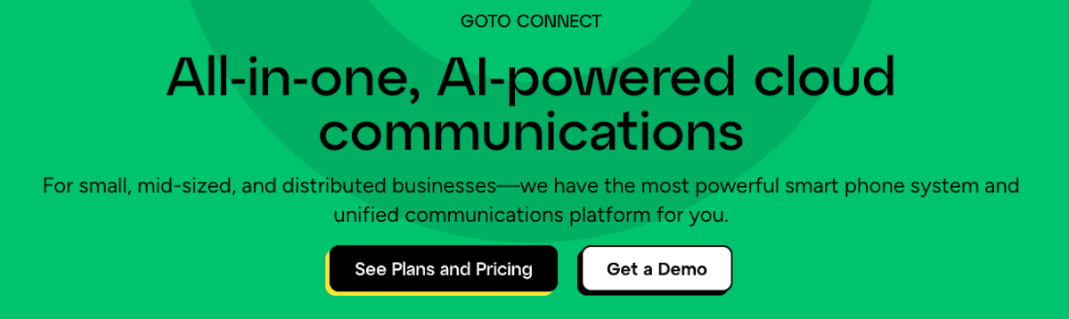 The GoTo Connect homepage with the headline "All-in-one, AI-powered cloud communications" and two CTA buttons
