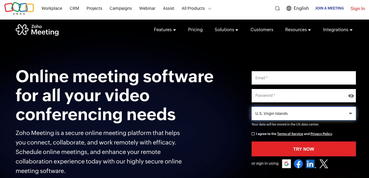 Part of the Zoho software suite, Zoho Meeting provides webinar and team meeting capabilities.