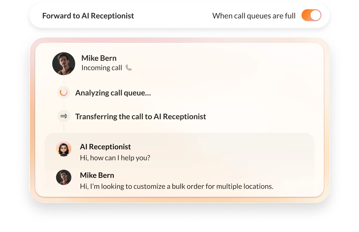 You can configure AIR to accept all after-hours calls or accept calls when queues are full