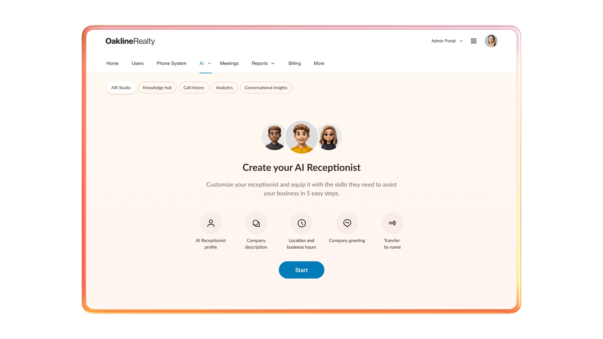RingCentral AIR’s interface, where you can create your own AI Receptionist