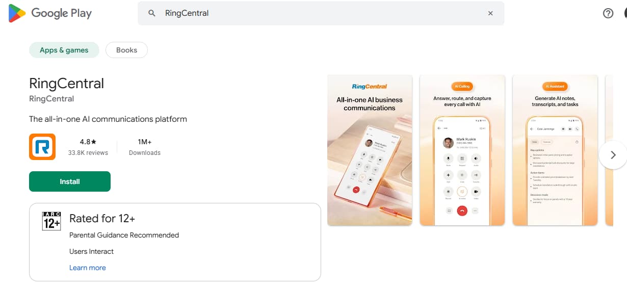 RingCentral app listing on the Google Play Store, showing the install button, 4.8-star rating, and screenshots of AI calling and note-taking features