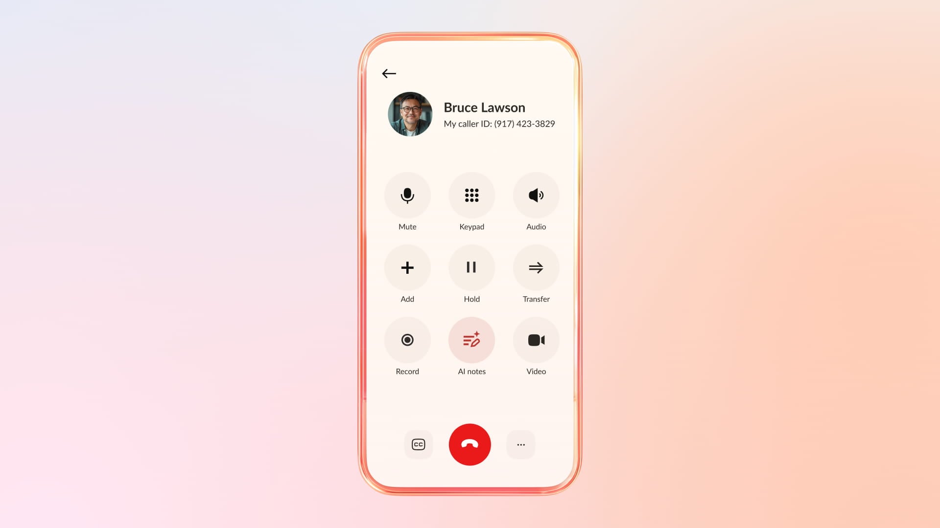 RingCentral Android app active call screen with options to mute, use the keypad, add a call, hold, transfer, record, and switch to video