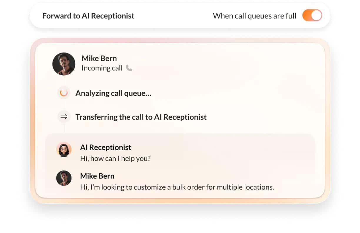 AI Receptionist hands customers off to human agents, along with the full context of their call
