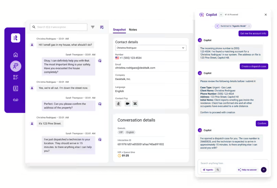 Talkdesk’s CXA interface shows Copilot support for live agent workflows
