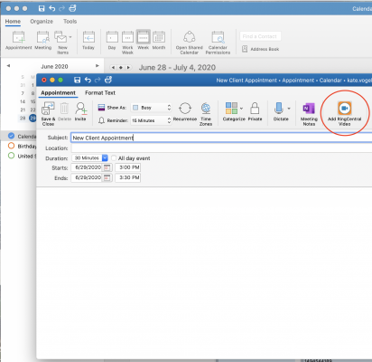 RingCentral Video integration with Outlook